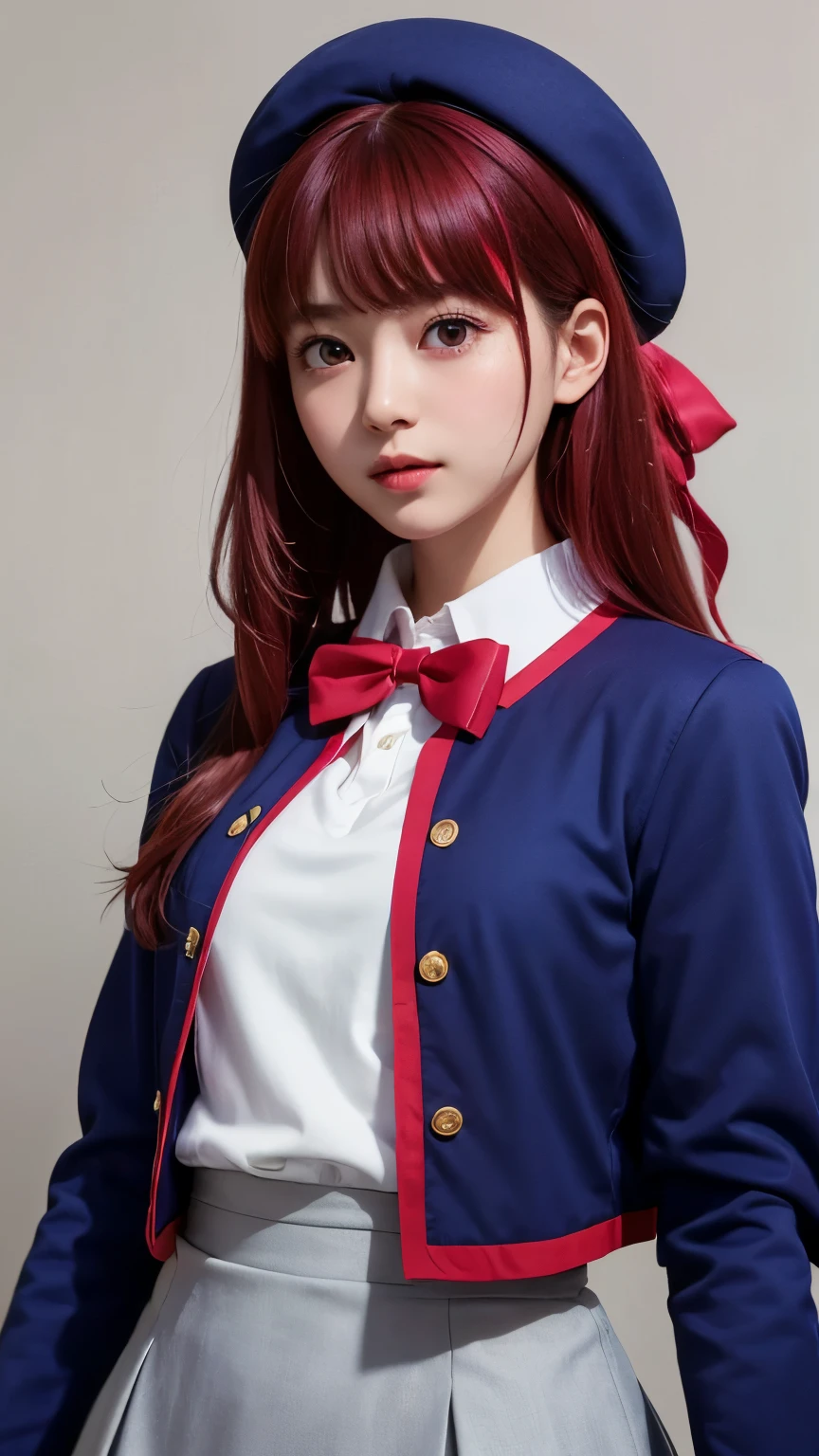 masterpiece、  high quality、 high resolution on down、Realistic、 professional lighting with falling leaves、Japanese、woman、cute、young、 white skin、thin、Arima Kana、beret, Red eyes,  blue headwear ,  red ribbon,  collared shirt,  blue jacket ,  opens a jacket,  Long Sleeve ,  grey skirt anatomically accurate