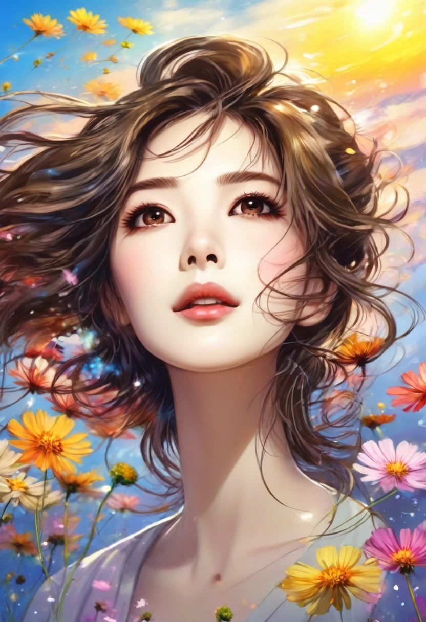 masutepiece, top-quality, a woman, hair sways in the gentle breeze, autumn sky and beautiful cosmos flowers, looking up at the sky, sunny day, 