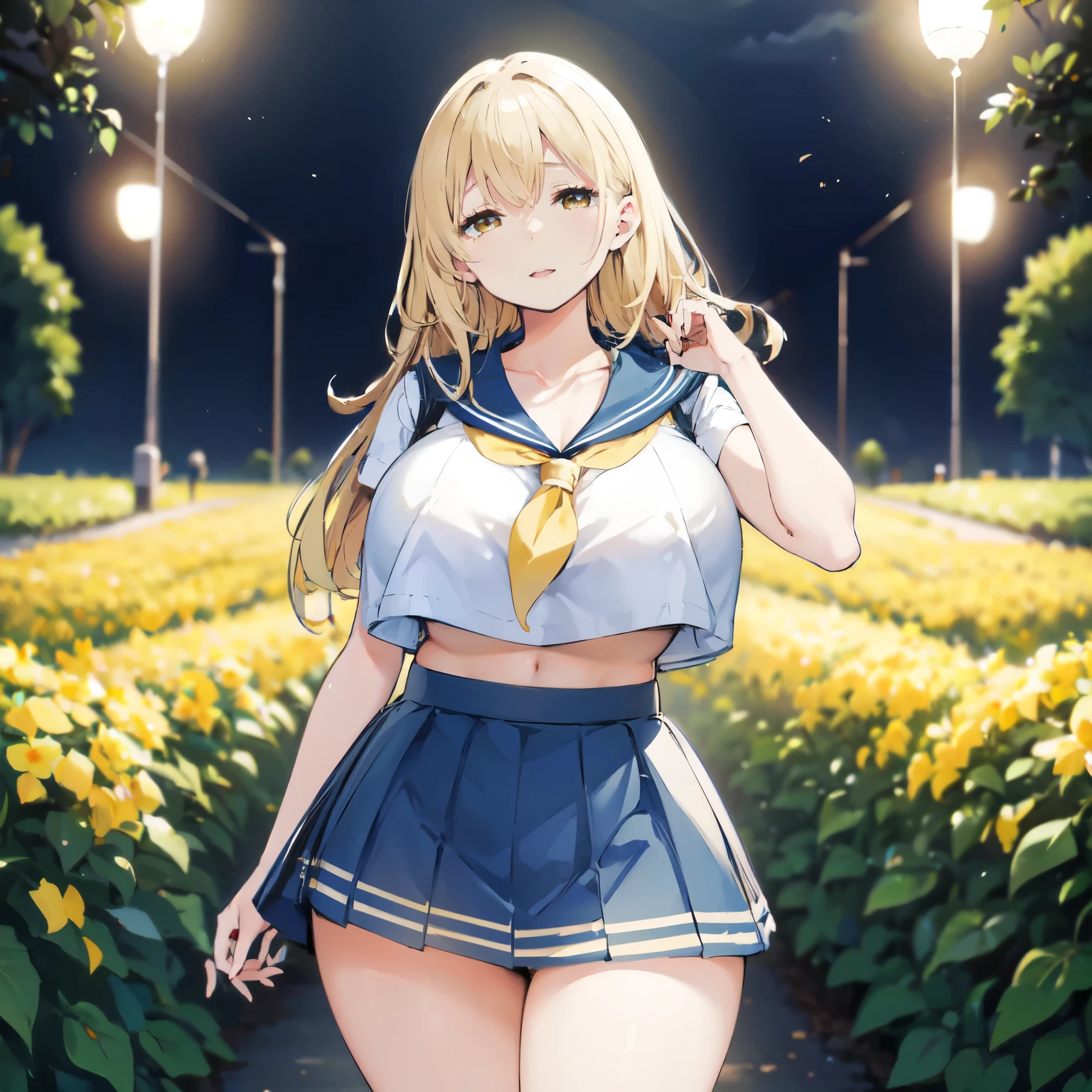 Blonde hair, very huge tits , ((sailor uniform, blue short skirt)), thick, busty, ((yellow eyes)),upperbody, smile, cleavage, legs, long hair,thigh, flower garden