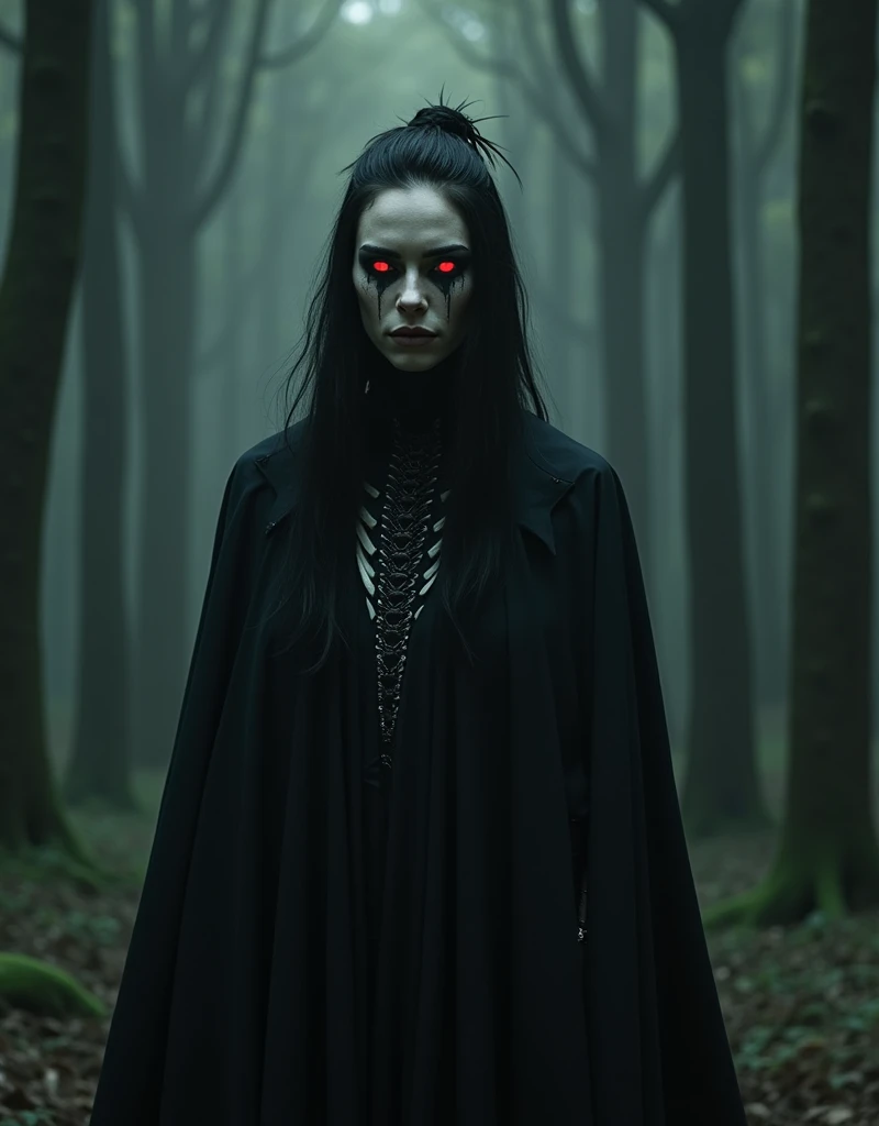 Half body shot of a creepy demon woman in a foggy marsh, pale white skin, red glowing eyes, witch aesthetic, horror movie, cinematic, dark ambient, ultra detailed, photorealistic, masterpiece.