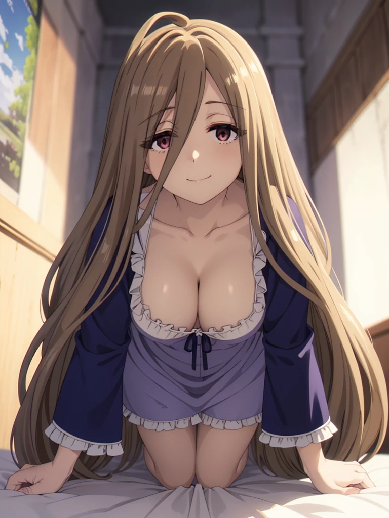 (masutepiece, Best Quality, hight resolution, nffsw, Perfect Pixel, depth of fields, 4K), Beautiful anime girl, Perfect body, sense, long hair, brown hair, hair between eyes, (brown eyes:1.5), very long hair, ahoge,, blush,, (blue nightgown:1.4), , bare shoulders,, , cleavage,,, ,, (crawl on all fours),,,,, indoor , bed room, on bed, thighs, bare foot, ,looking at viewer, smile
