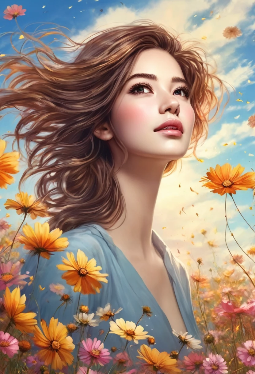 best quality, high resolution, ultra detailed, realistic, a woman, hair sways in the gentle breeze, autumn sky and beautiful cosmos flowers, looking up at the sky, sunny day, 