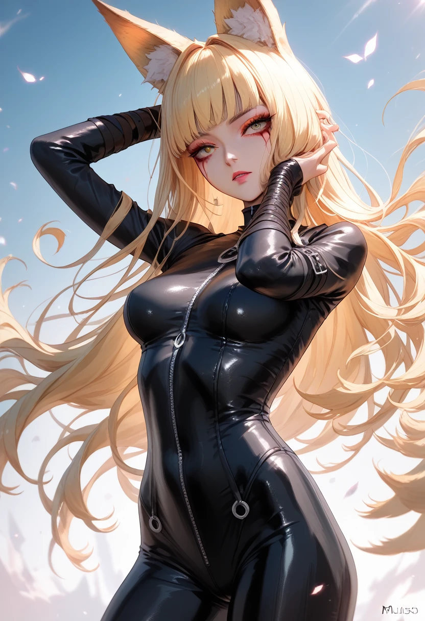 ,  long hair, makeup, mascara , rpg, mucus,  Smooth leather ,   erotic pose, cut out,    High School of the Dead   , 4K,  , topic, blonde hair ,  candid outfit , tight leather suit, fox ears, 