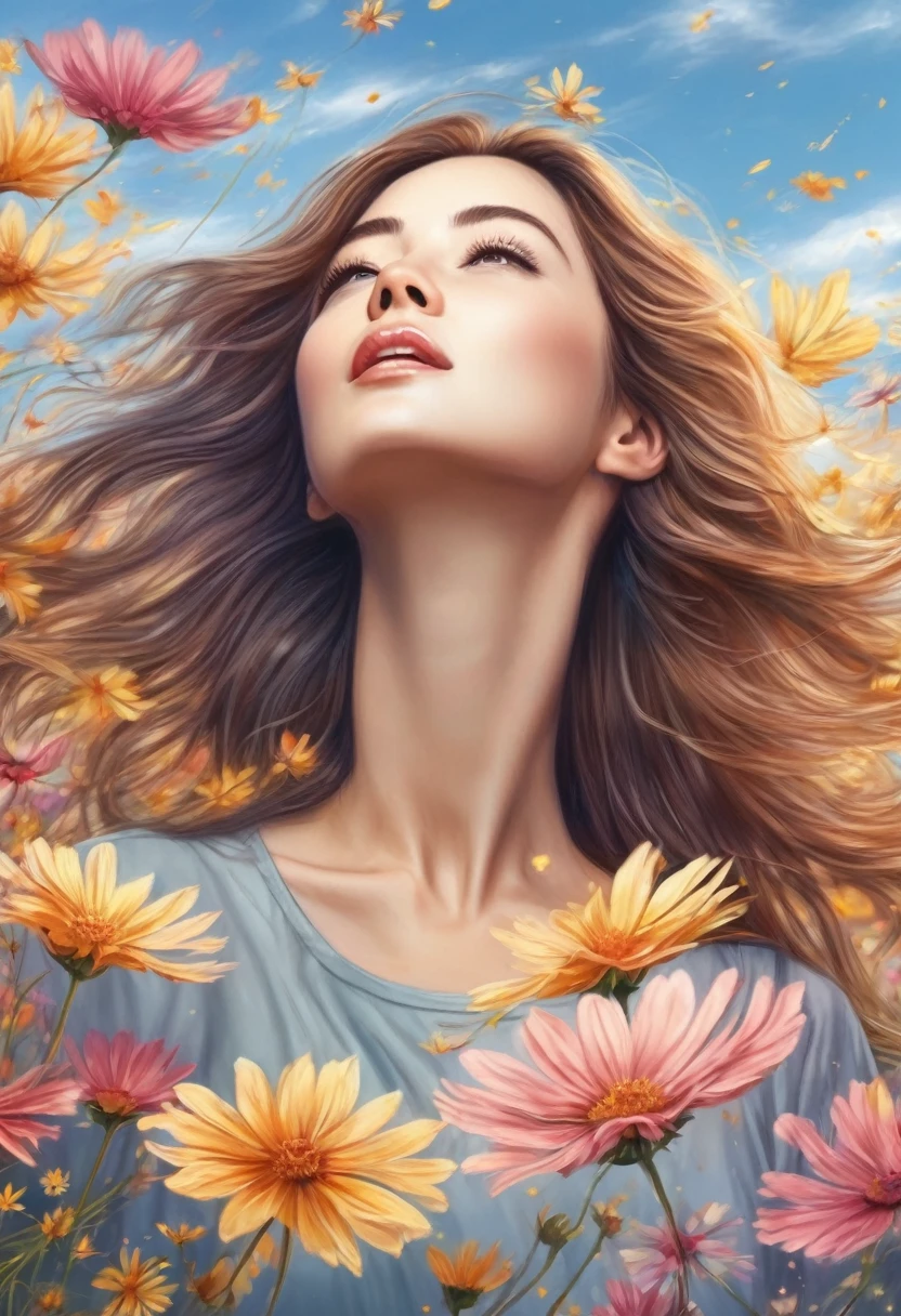 best quality, high resolution, ultra detailed, realistic, a woman, hair sways in the gentle breeze, autumn sky and beautiful cosmos flowers, looking up at the sky, sunny day, PEPencilDrawing