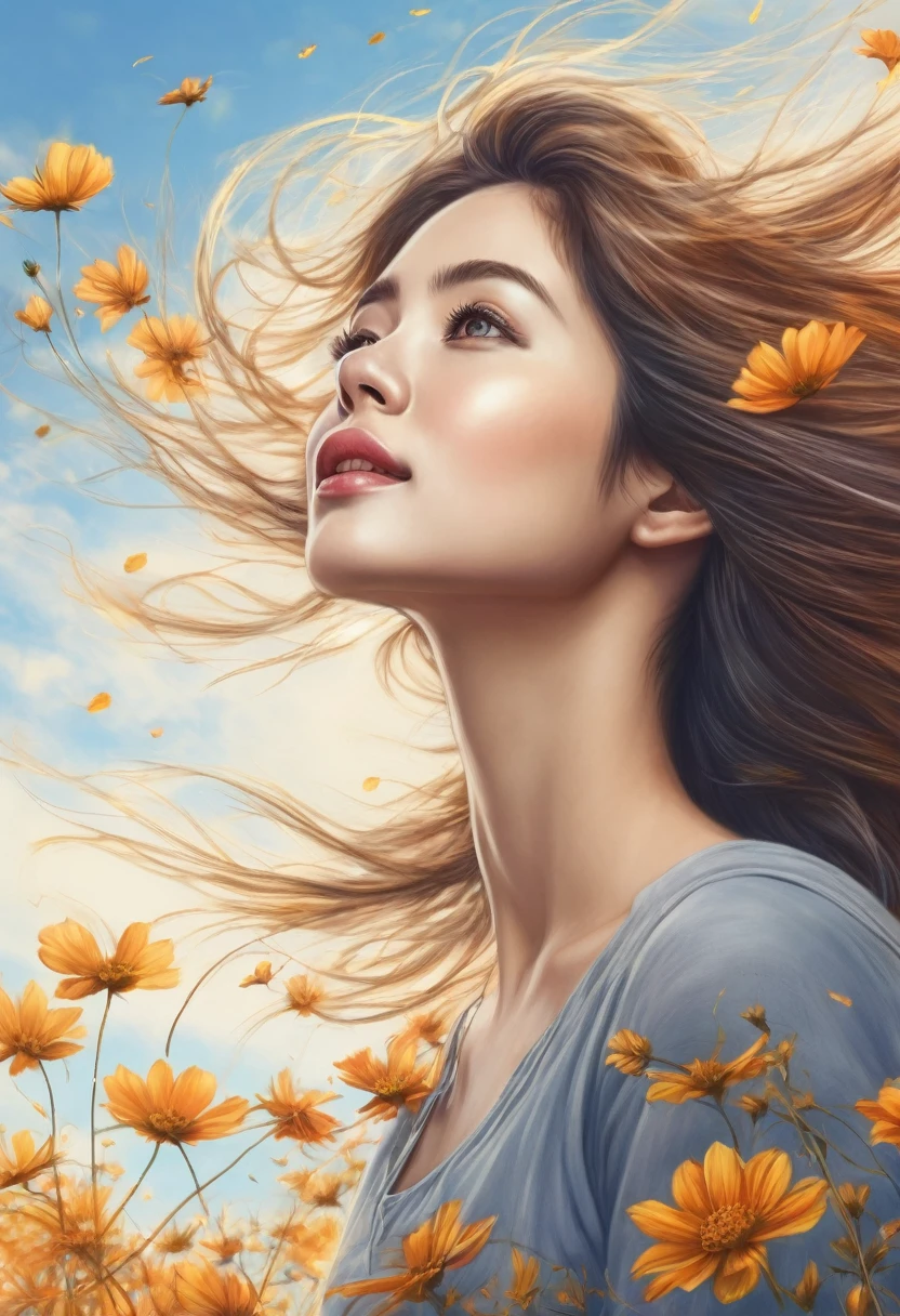 best quality, high resolution, ultra detailed, realistic, a woman, hair sways in the gentle breeze, autumn sky and beautiful cosmos flowers, looking up at the sky, sunny day, PEPencilDrawing