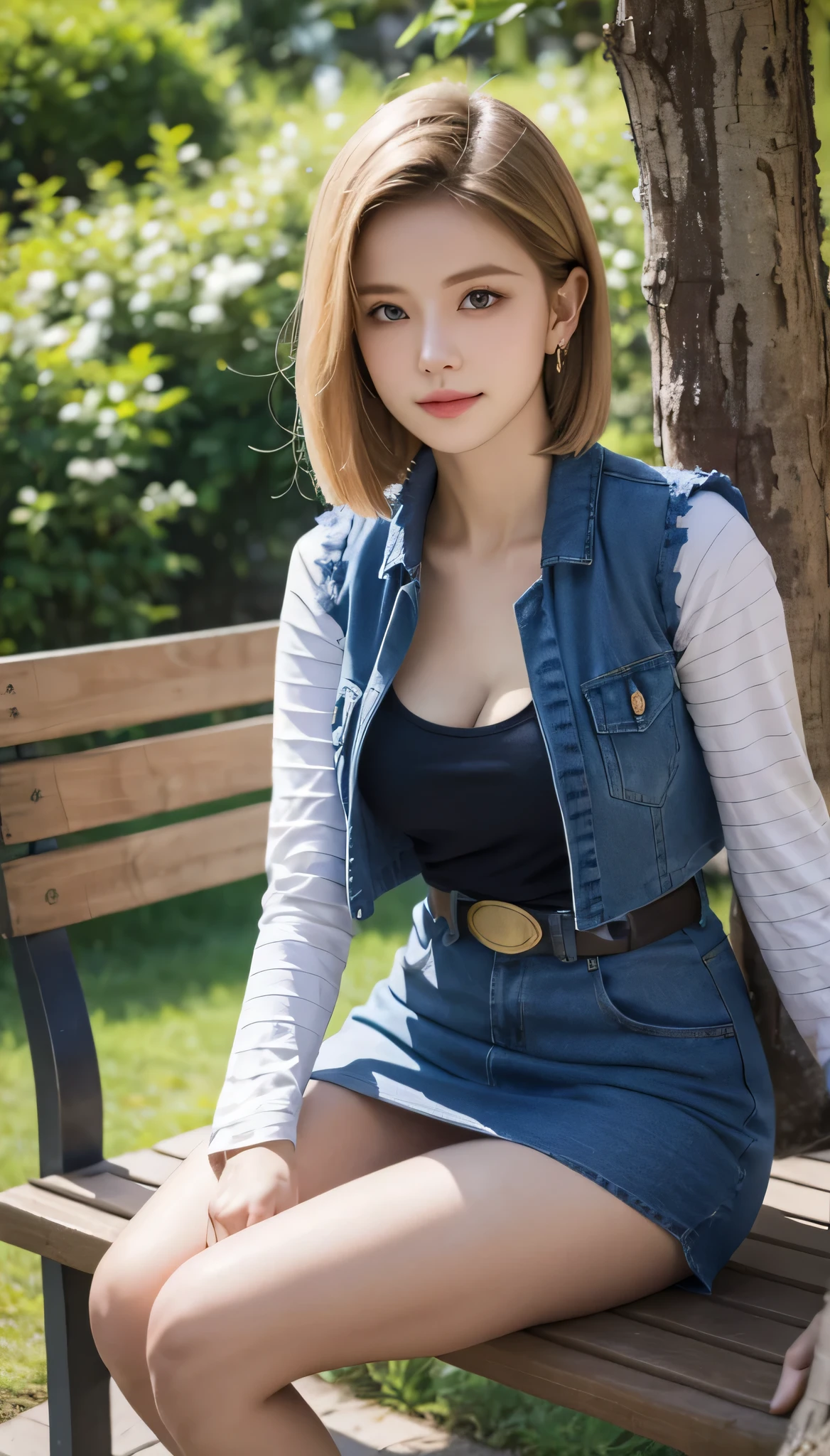 Android 18, Light Blonde, Medium Bob hair, blue eyes, Wearing earrings, Long sleeves, Mini denim blue skirt, Black T-shirt with high cleavage, Big breasts, Denim short blue Vest, Belt, Pantyhose, Western boots, Looking at viewer, Slight smiling with closed lips sitting, On bench, Spread her right leg slightly outside, trees, blue sky, sit on a bench, outside, park, grass, Summer, trees, blue sky, high quality, masterpiece,  