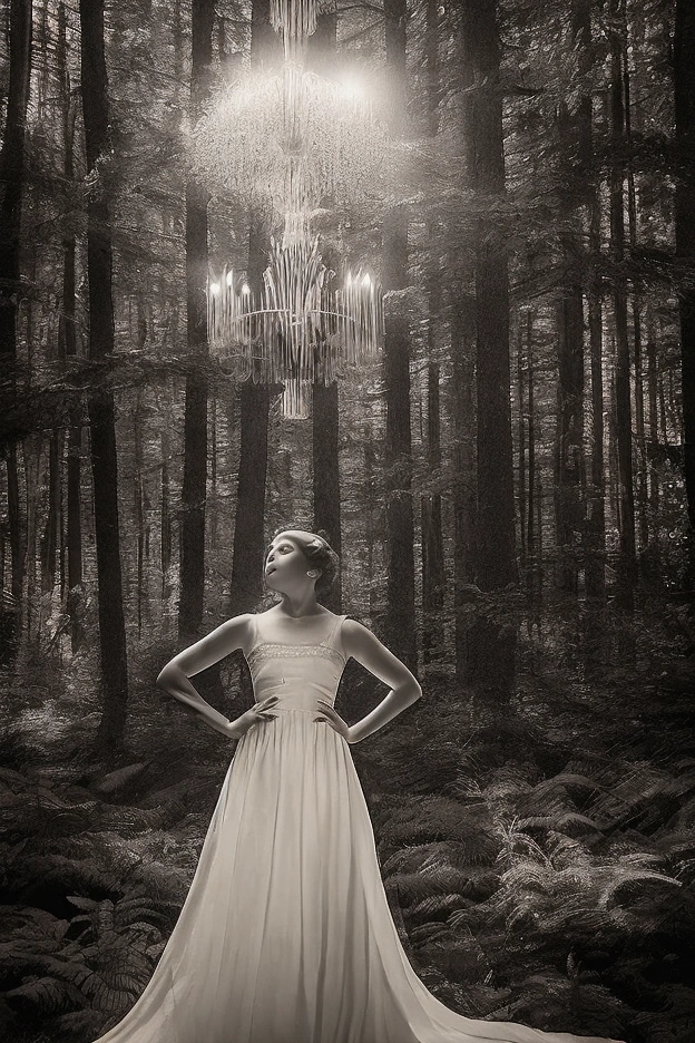 "Create a black-and-white retro-style photograph resembling a 20th-century newspaper image. The scene shows a woman standing in a dark, mysterious forest, holding an enormous crystal chandelier in one hand. She is missing some of her limbs, adding a surreal and haunting effect to the image. The chandelier sparkles slightly despite the forest’s dim lighting, casting subtle reflections. The woman’s expression is calm and composed, contrasting with the eerie surroundings. The image has a faded, grainy texture, like an old newspaper photo, and the forest around her is shadowy and dense, enhancing the mysterious, vintage atmosphere."