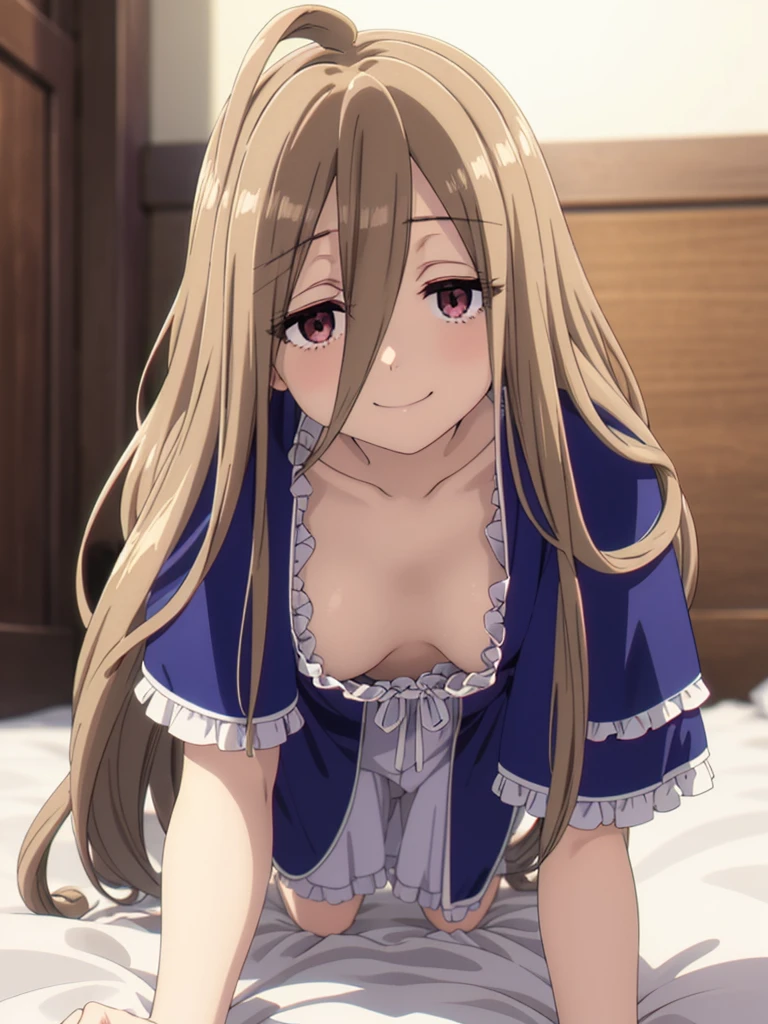 (masutepiece, Best Quality, hight resolution, nffsw, Perfect Pixel, depth of fields, 4K), Beautiful anime girl, Perfect body, sense, long hair, brown hair, hair between eyes, (brown eyes:1.5), very long hair, ahoge,, blush,, (blue nightgown:1.4), , bare shoulders,, flat chest, small boob , cleavage,,, ,, (crawl on all fours:1.4),,,,, indoor , bed room, on bed, ,looking at viewer, smile
