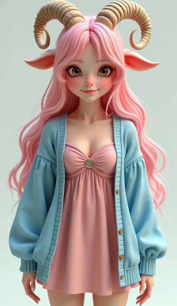 Super realistic illustration, Cinema 4D rendering, 1 lady, solo, full body, smile, pink long hair, fluffy hair, bangs, brown eyes, beautiful eyes, Thick eyebrows, drooping sheep ears, Cute spiral Horns of Ammon, Sky blue cardigan over pink dress, breasts, Cleavage, brown short boots, simple background