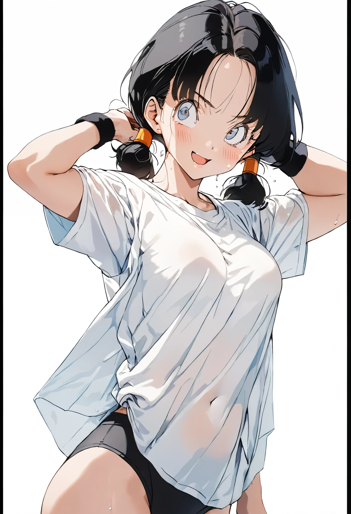 masterpiece, Best Quality, High resolution,16k,super detailed skin, (Videl),1990s \(style\),C cup beautiful breasts、height: 160cm,Sweating all over the body,athlete Muscular,sexy,1 girl,solo,Anime-style painting style,black short hair,low twintails hair,center parted swept bangs,forehead,boyish,Big eyes、Cool look,Pointed Eyes,(white T-shirt:1.5),Muscular,1girl、BRAKE(ahegao:1.2),(Vulgar:1.2),(So stupid:1.1),(orgasm:1.2),happy,smile、Shy、Shyness,Cool look,blush,Anime-style painting style,A composition that shows the full body,cinematic lighting,Superfine,(simple white background:1.5)、(sexy:1.5),Gazing into the distance,, Captivating look, (Amazing views:1.1) ,dynamic angle,sexy pose,