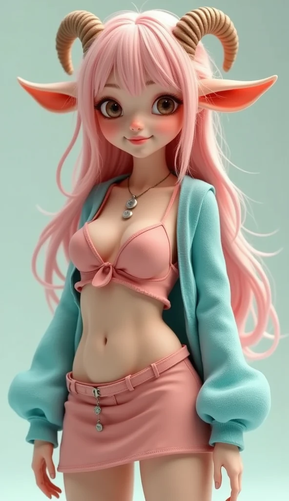 Super realistic illustration, Cinema 4D rendering, 1 lady, solo, full body, smile, pink long hair, fluffy hair, bangs, brown eyes, beautiful eyes, Thick eyebrows, drooping sheep ears, Cute spiral Horns of Ammon, Sky blue cardigan over pink dress, breasts, Cleavage, brown short boots, simple background