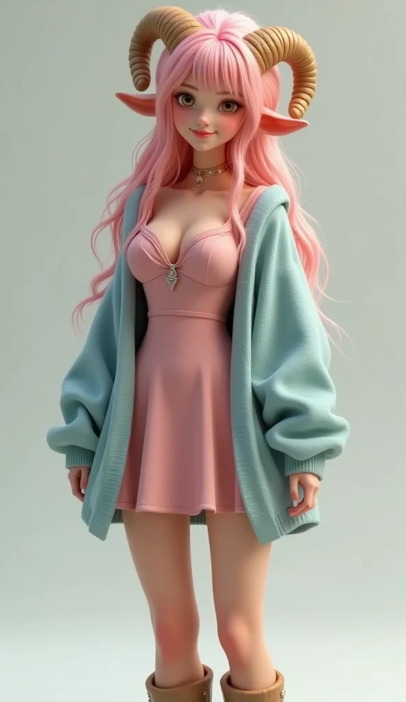 Super realistic illustration, Cinema 4D rendering, 1 lady, solo, full body, smile, pink long hair, fluffy hair, bangs, brown eyes, beautiful eyes, Thick eyebrows, drooping sheep ears, Cute spiral Horns of Ammon, Sky blue cardigan over pink dress, breasts, Cleavage, brown short boots, simple background