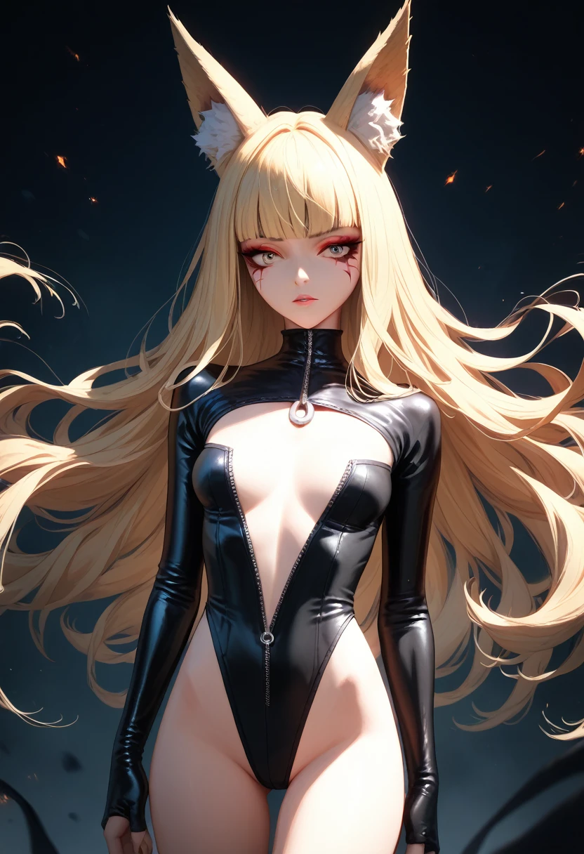 ,  long hair, makeup, mascara , rpg, mucus,  Smooth leather ,   erotic pose, cut out,    High School of the Dead   , 4K,  , topic, blonde hair ,  candid outfit , tight leather suit, fox ears, neckline, naked chest