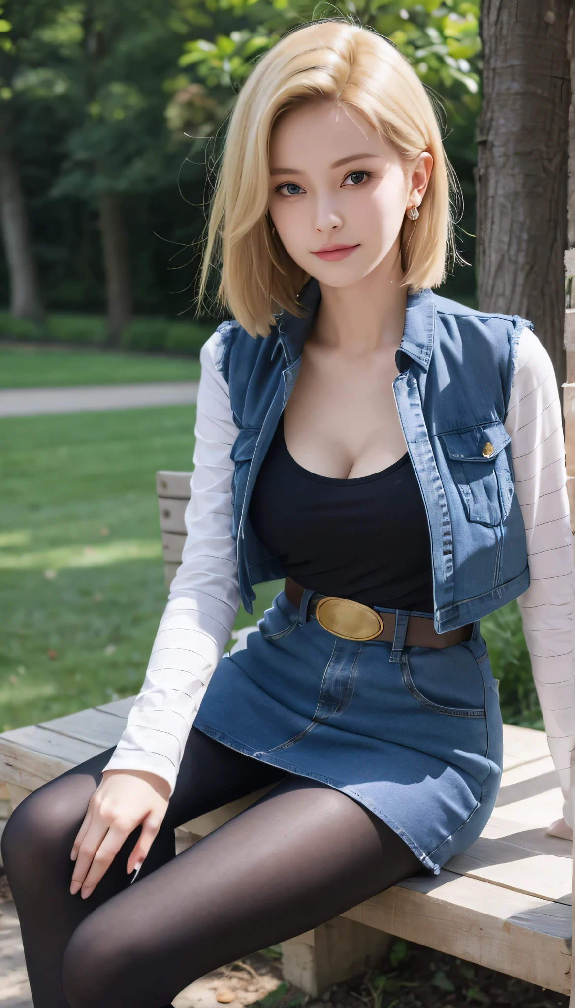 Android 18, Light blonde hair, Medium bob hair,  green eyes, Wearing earrings, Long sleeves, Mini denim ublue skirt, Black T-shirt with high cleavage, Big breasts, Denim short jacket, Belt, Pantyhose, Western boots, Looking at viewer, Slight smiling with closed lips sitting, On bench, Spread her right leg slightly, The front of the denim skirt is pushed up slightly, park, grass, winter, trees, blue sky, high quality, sitting, on bench, Slouching, outside, park, grass, winter, trees, blue sky, high quality, masterpiece,  