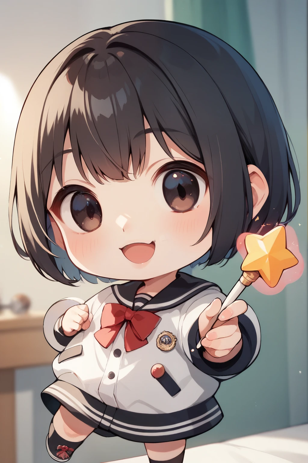  score_9,  score_8_up,  score_7_up,  score_6,  score_5_up,  score_4_upanime break， a very young girl ，cute, Chibi，Tiny,  holding a magic wand ,  bob cut,  red ribbon on her head ,  dark eyes，