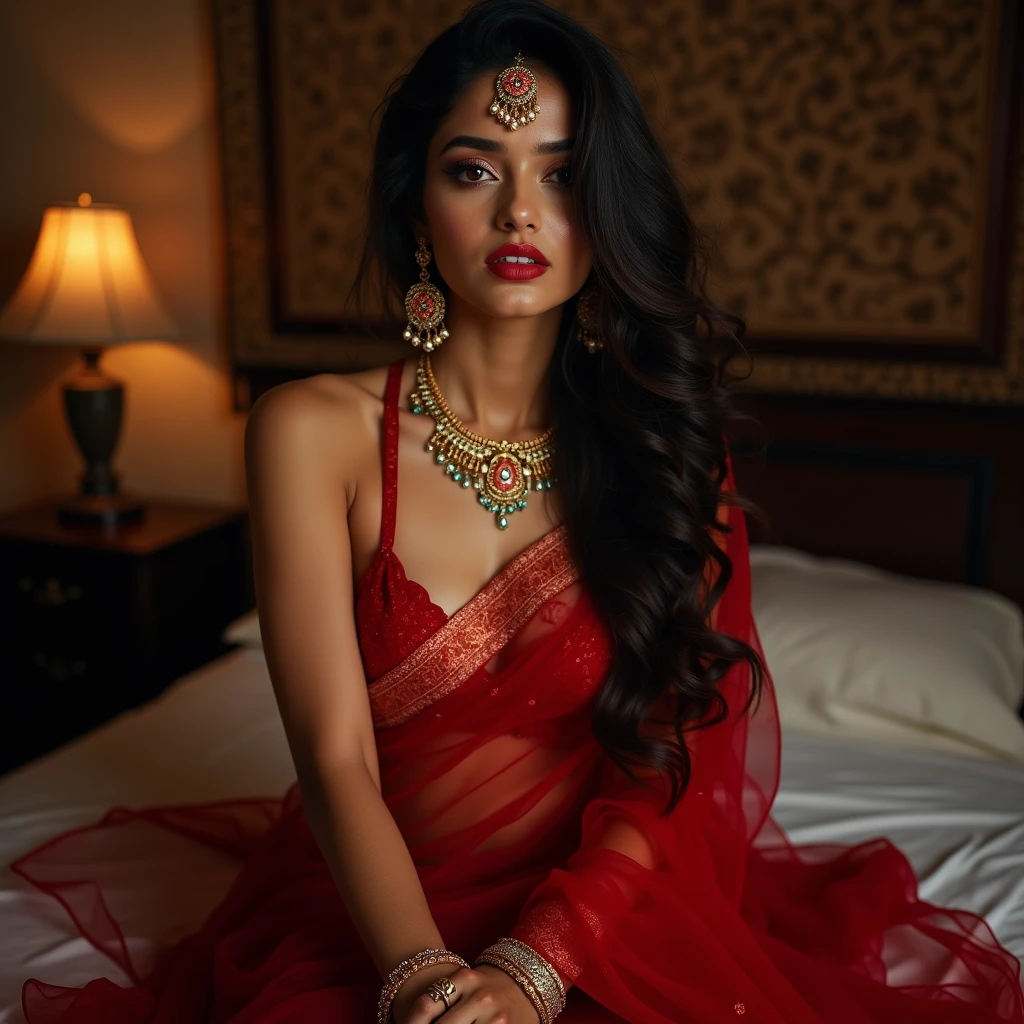 Hot Indian wife arafed woman in a red sari laying on a bed in Kamasutra