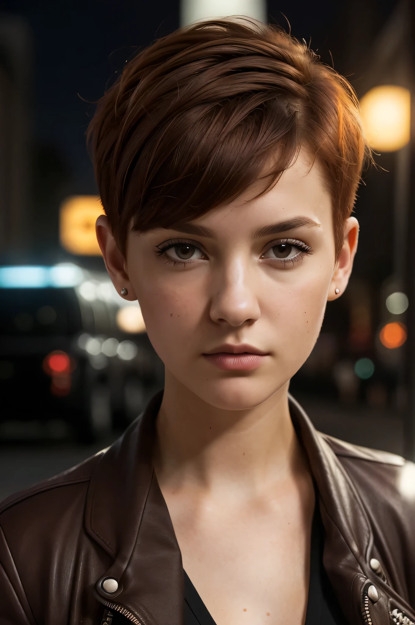 (Close-up), (intense gaze), young woman, ((dark brown eyes)), redhead, (short haircut), (pixie style), urban setting, (4k), (ultra hd), (confident pose), (high resolution), (detailed), (moody lighting), (professional camera), (street style), ((urban fashion)), ((soft skin)), mysterious, (city background), (modern), (trendy look), (artistic), (high-quality portrait)