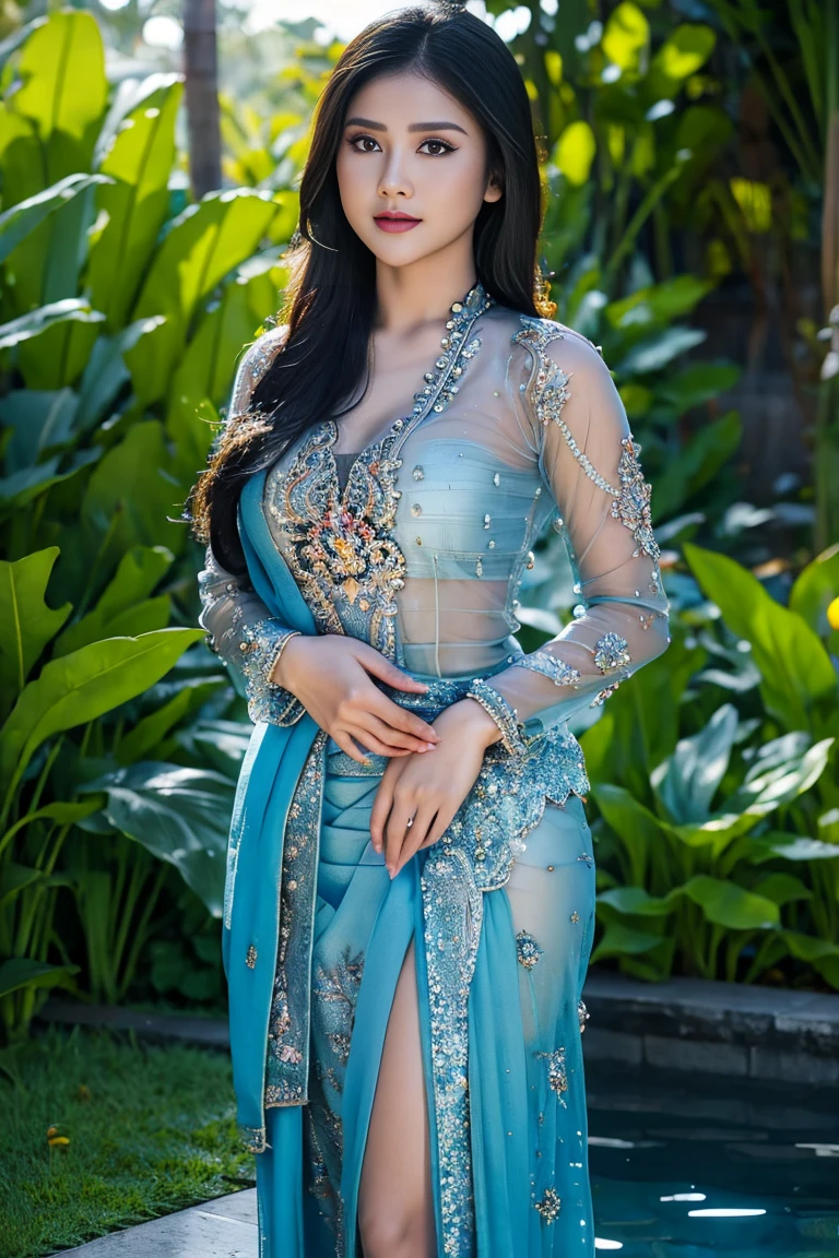 a very realistic image of a beautiful woman with black hair, dark makeup around her eyes and metallic green lipstick wearing a long dress, nessa cor azul turquesa, very elegant she is a slender and very beautiful woman, her hair is straight and her eyes are green She is standing, The framing captures the entire woman from head to toe, Behind her there is a wall completely covered with dark green leaves, which highlights the color of her turquoise dress., on this wall made of leaves there is water and some small black rocks behind the leaves the woman is posing for a photo the image needs to be very realistic with professional quality, highlighting the dark green color of the leaves that are on the wall behind the woman and the turquoise blue of the dress she wears, To give a better view of her dress, the turquoise blue on the dress may start a little lighter at the top and gradually darken until it reaches her feet..