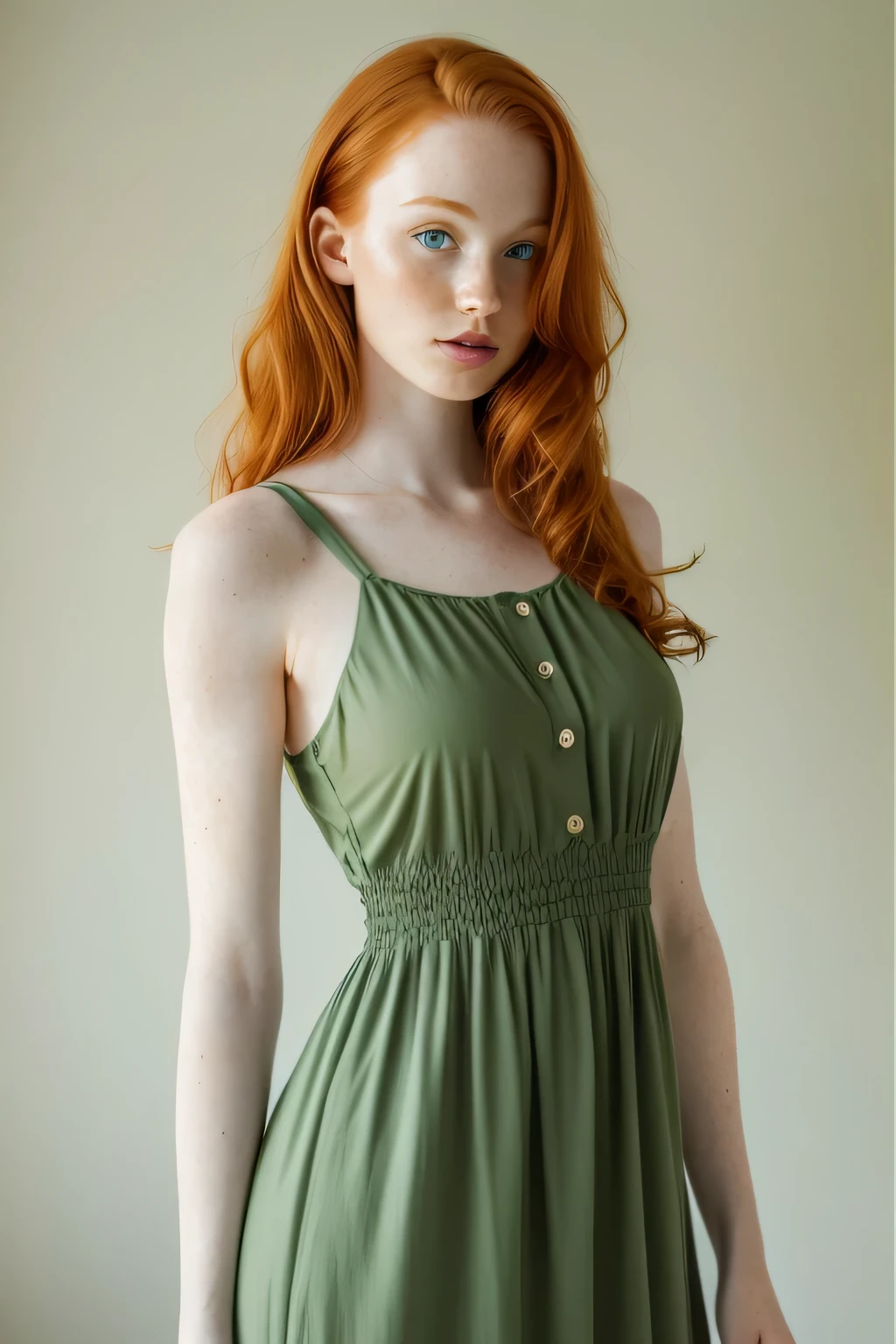 1girl in, age21, Madelaine Petsch, photo of perfect woman, 5'3", Solo, Aesthetic artwork, (irish  redhead, wavy ginger hair, shoulder length ginger hair:1.25), (some small freckles, pale skin, small breasts, B-cup, hard nipples, runners body, very thin waist, skinny, petite, detailed skin texture), (blank background, plain background, blank wall, (wearing an green colored sundress. A green dress, floral pattern forn fitted top), (extremely detailed 8k wallpaper), soft lighting, high quality, film grain, Fujifilm XT3 sharp focus, f 5.6, 50mm, High Detail, Sharp focus,(natural light), crazy details, complex details, hyper detailed