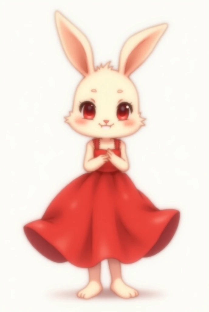 An anthropomorphic rabbit girl is wearing a red dress and smiling. The cute girl has an anime-style illustration, red eyes, bunny ears, and a hairy face.