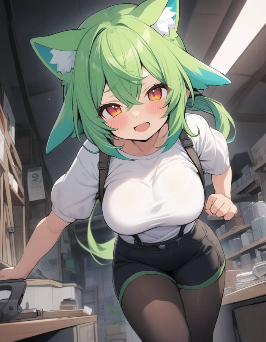  1 girl,Zundamon, voice box with a loose jaw , green hair ,  Blush Stickers,  animal ears , white shirt,  Short Sleeve , Long Hair, suspender  shorts, shorts,  puff sleeve ,  low ponytail in tights, hair ear , From below,, Old-fashioned smile, Tool Shop,  open your mouth , masterpiece, Best Quality,Big Breasts
