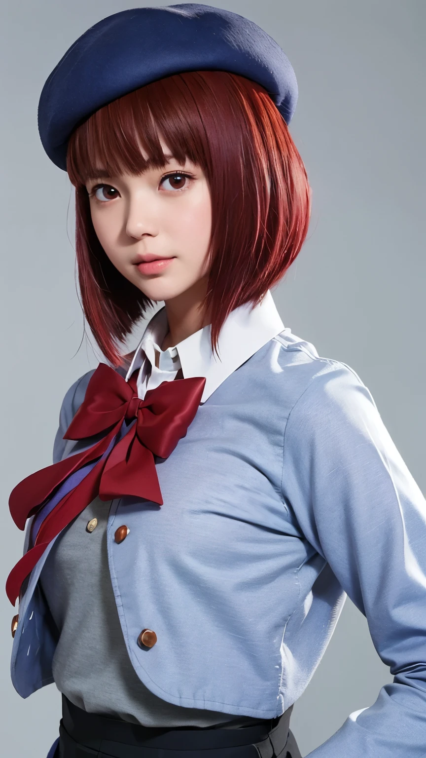 masterpiece、 high quality、 high resolution on down、Realistic、 professional lighting with falling leaves、Japanese、woman、cute、young、 white skin、thin、Arima Kana、Red eyes,beret, blue headwear ,black ribbon on back hair,Red Hair, short hair, collared shirt, red ribbon on the chest, blue jacket , opens a jacket, Long Sleeve , gray skirt ,School Uniform、 Anatomically Accurate