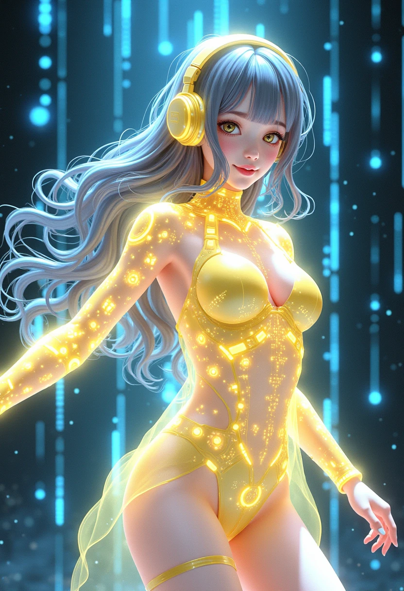 Digital lighting, photorealistic stick, beautiful woman, (elemental mage wrapped in blue flame and yellow lightning), (chaos of colors), gold and ice tones, depth of field, beautiful, one, full body shot, 20 years old, bewitching, (((SFW: 1.9)), perfect proportions, (((perfect face)), huge, (((smile: 1.30)))), glamour, soft curve, wide hips, Full wet lip, cybernetic perfect body, perfect abs, areola, navel, crotch, sheer female genitalia, long lace knitted fabric, very detailed, surreal, cinematic lighting, (((light from front: 1.30)), clear, space background, movie lighting soft, (backlight: 1.2), (bloom: 1.2), (bright light: 1.1), (chromatic aberration: 1.2), sharp focus, high contrast, masterpiece, photorealistic, (fractal art), supernova explosion, strong wind, fluttering, flowing,