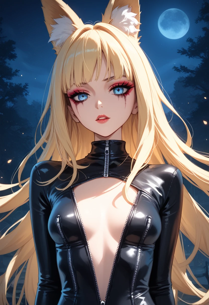 ,  long hair, makeup, mascara , rpg, mucus,  Smooth leather ,   erotic pose, cut out,    High School of the Dead   , 4K,  , topic, blonde hair ,  candid outfit , tight leather suit, fox ears, neckline, Unfastened zipper , Night, girl seduces guy