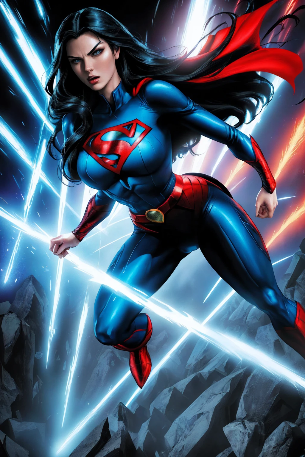 A woman with long black hair and blue eyes, wearing a red and blue superhero costume, powerful superhero pose, dynamic action scene, (best quality,4k,8k,highres,masterpiece:1.2),ultra-detailed,(comics,photocomic,photo-comic:1.37),cinematic lighting,dramatic atmosphere,vivid colors,epic fantasy,