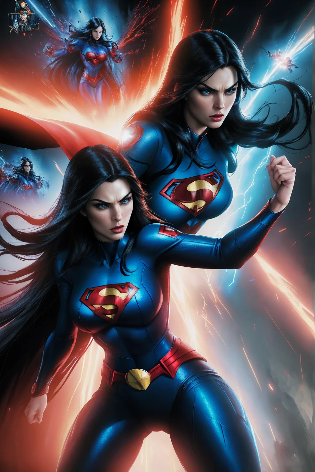 A woman with long black hair and blue eyes, wearing a red and blue superhero costume, powerful superhero pose, dynamic action scene, (best quality,4k,8k,highres,masterpiece:1.2),ultra-detailed,(comics,photocomic,photo-comic:1.37),cinematic lighting,dramatic atmosphere,vivid colors,epic fantasy,