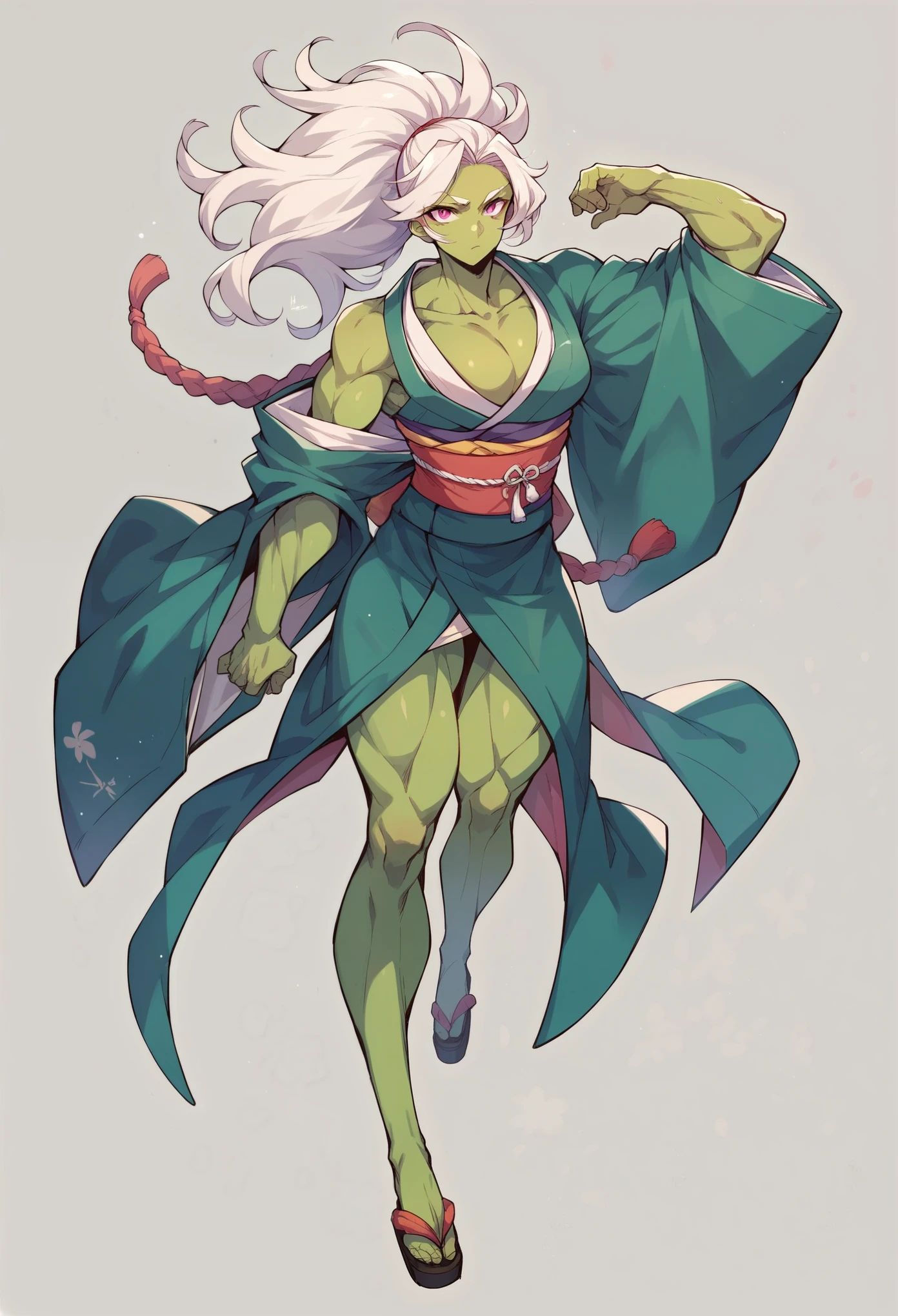 (The tall girl puts her hand in front of her and points to the side), combat pose, BREAK, (Dark background, Bamboo forest), (Slender_thighs:1.3), ((small breastes)), Slender_thighs, white hair, 1girl, solo, (Miniature body:1.4), gorgeous cleavage, Posing shirtless, detailed feminine anatomy, detailed small breast, the perfect body, Detailed body, detailized face, Beautiful anatomical eyes. BREAK Kaisa Dragon Lagoon,  The BREAK is very detailed, Intricately detailed art, Artstation's Detailed Triadic Color Trend in Unreal Engine 5, 8K resolution, deviantart masterpiece.