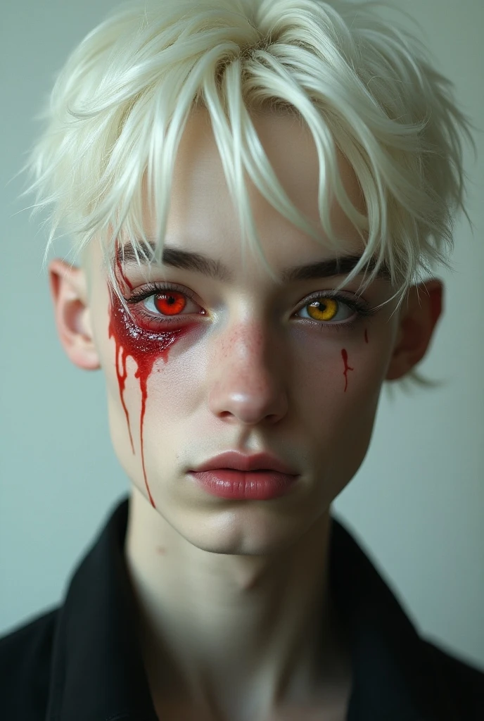 Shirtless boy with medium white hair left red eye with vertical scar across eye