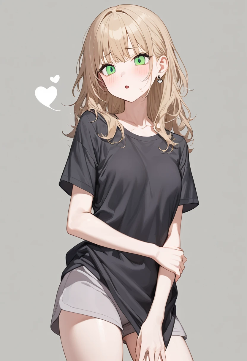 (Absurdres, highres, ultra detailed, best quality), 1girl, flustered expression, (torso length ((Milk Tea color)) dull blonde hair), torso length hair, slightly wavy hair, wolf cute hair style, curtain bangs, (((very pale green eyes))), long eye lashes, small full breasts, (perky breasts), slender body, slim waist, slender legs, small black simple earrings, (((wearing (Light Gray) short lounge shorts))), ((wearing a (Dark Gray) oversized t-shirt)), (Heart shape) buttocks, (basic background, gray background).