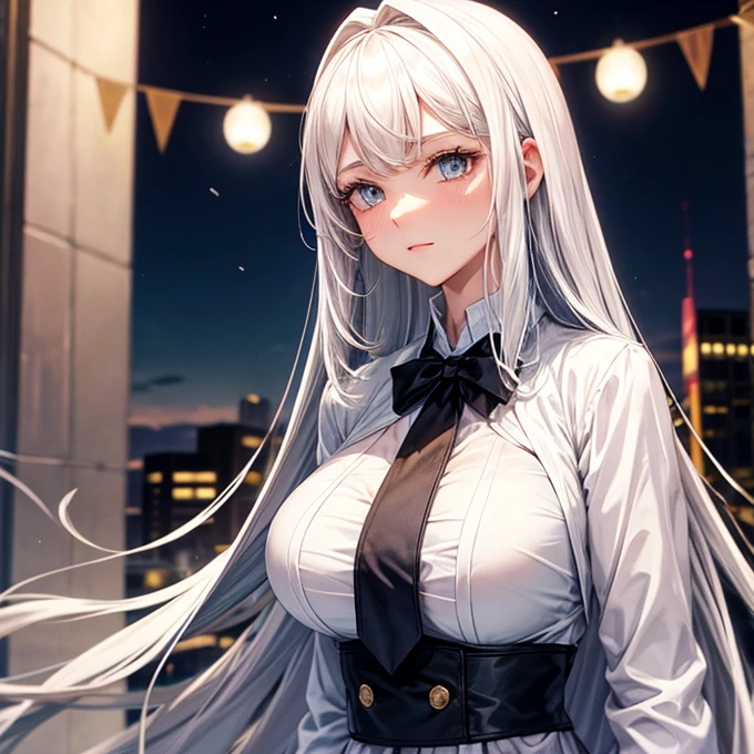 score_9, score_8_up, score_7_up, source_anime, (masterpiece), best quality, expressive eyes, perfect eyes, perfect face, oni girl, oni horns, red eyes, soft lips, long hair, very long hair, wide hips, (white hair:1.2), (white eyebrows:1), (white eyelashes:1), medium breasts:0.5, higuchi madoka, big breasts:0.3, standing, background: City, collared shirt, white vest, long sleeves, white shorts, legwear garter, black pantyhose