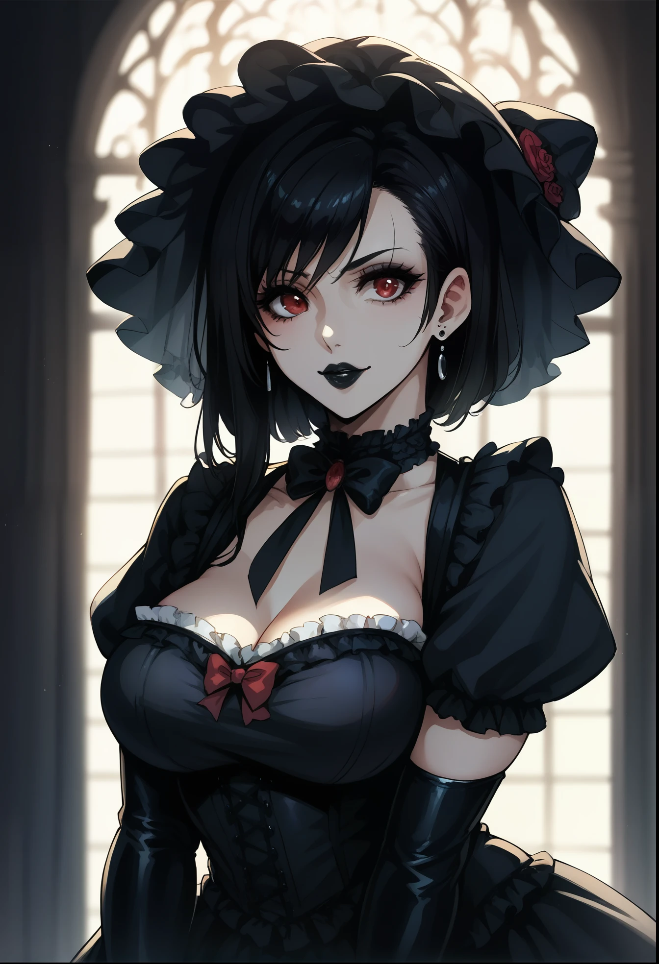 Tifa Lockhart, gothic ta cosplay, piercings, black lipstick, stoic, spooky mansion, beautiful lighting and shadows,