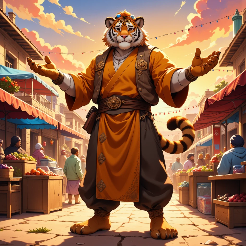 character focus, full body, looking away, dynamic angle, marchant, a middle-aged tiger man, little smile, marchant costume clothes, shirt, turban, pants, selling, standing, arms rised in the air, dynamic pose, BREAK full body in Michelangelo Buonarroti style, housamo style, digital illustration anime, detailed painting landscape, desert sunset, bazaar, outdoor, full color, HDR, BREAK complete anatomy, perfect proportions, beautiful thigh gap, fluffy body, intricate fur details, beautiful fur texture, BREAK a detailed tiger 1tail, detailed toe, 5toes, 5toes nails, detailed foot, detailed hands, 5fingers, 5fingers nails, BREAK aesthetic anime face, insanity detailed face, male face, big face, square jawline, aesthetic anime eyes, detailed brown eyes, detailed brown cornea, detailed dark brown irises, detailed pupils, male eyes, big eyes, male eyebrows, innocent look, beautiful beard, BREAK masterpiece, official art, best quality, very aesthetic, absurdres, super fine illustration, great quality, BREAK noise reduction, very highres, large filesize, high quality, 32K, 8k wallpaper, dynamic lighting, BREAK insanity detailed, ultra detailed, intricate details, extremely detailed, detailed texture, an extremely delicate and beautiful, BREAK e621 illustration, osukemo, kemohomo, anthropomorphic, furry, cartoon, harmonious, pastoral face, virtuous eyes, epic atmosphere 