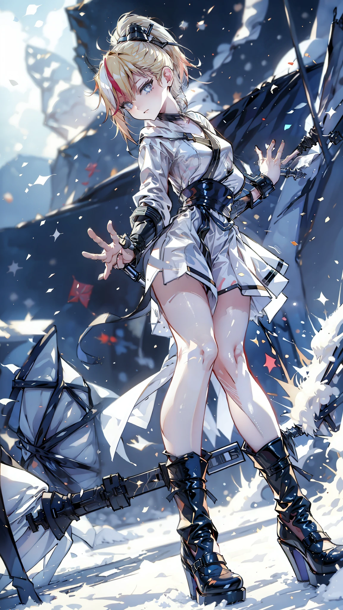 1 girl, ultra long hair, ultra detailed face, shiny lips, bright blue eyes,  Very long ponytail, elegant walk, catwalk, holding a giant katana, blonde, long eyelashes,  long boots  , looking at the sky, Starry sky, to ultra giant katana 