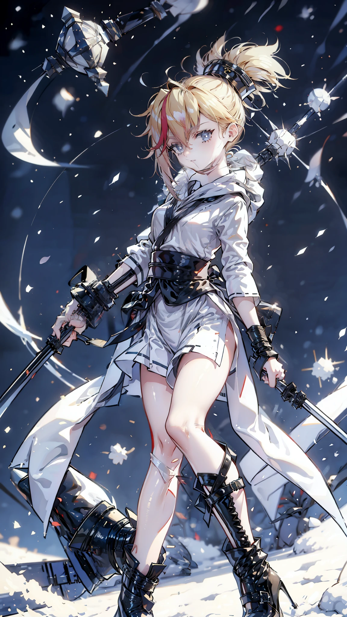 1 girl, ultra long hair, ultra detailed face, shiny lips, bright blue eyes,  Very long ponytail, elegant walk, catwalk, holding a giant katana, blonde, long eyelashes,  long boots  , looking at the sky, Starry sky, to ultra giant katana 