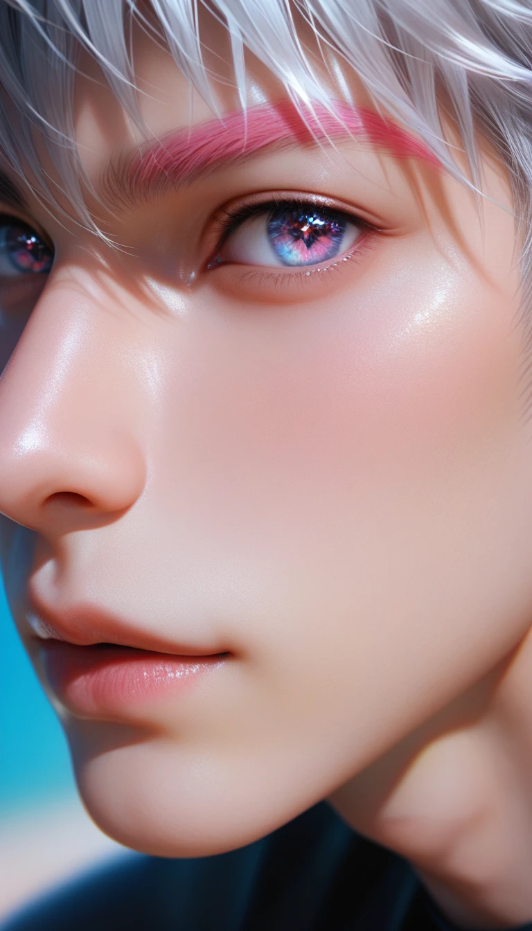 score_9, score_8_up, score_7_up, boy profile picture, silver hair, pink eyebrows, sparkling eyes, realistic skin texture, detailed image, close up, HD32k