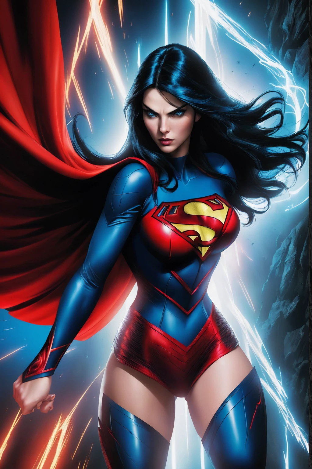 A woman with long black hair and blue eyes, wearing a red and blue superhero costume, powerful superhero pose, dynamic action scene, (best quality,4k,8k,highres,masterpiece:1.2),ultra-detailed,(comics,photocomic,photo-comic:1.37),cinematic lighting,dramatic atmosphere,vivid colors,epic fantasy,