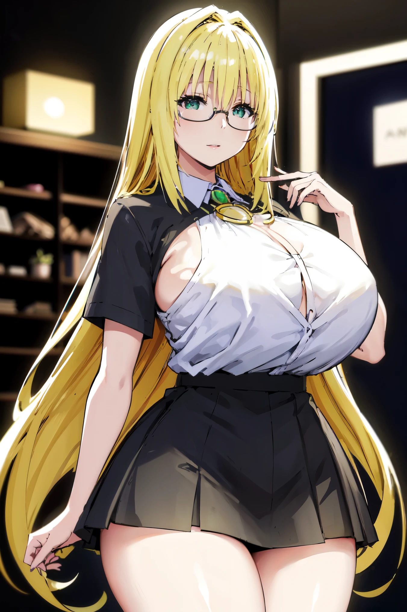 Blonde hair, very huge  tits  , ((black blazzer, white shirt, nectie, pendant, glasses, short skirt)), thick, busty, green eyes,  long hair, upperbody, smile, legs, thigh