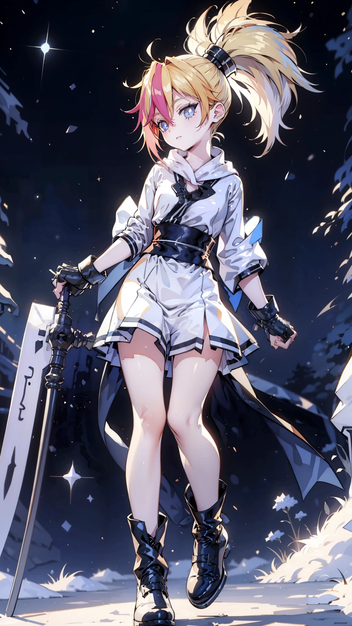 1 girl, ultra long hair, ultra detailed face, shiny lips, bright blue eyes,  Very long ponytail, elegant walk, catwalk, holding a giant katana, blonde, long eyelashes,  long boots  , looking at the sky, Starry sky, to ultra giant katana 