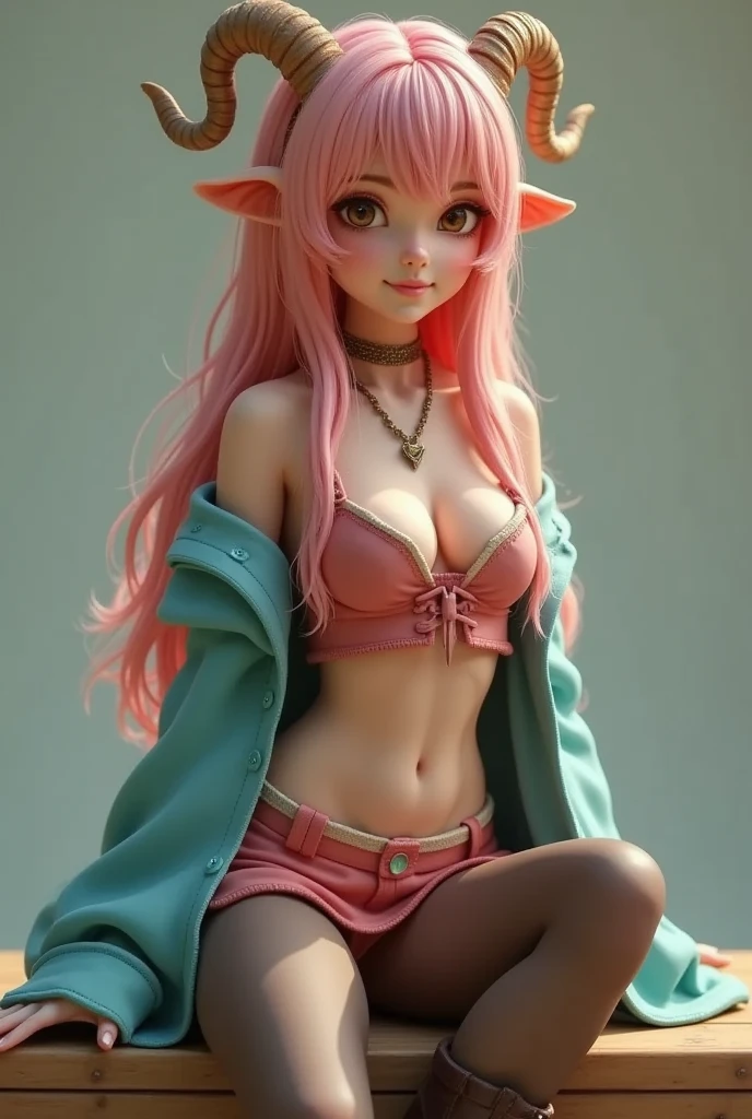 Super realistic illustration, Cinema 4D rendering, 1 lady, solo, full body, smile, pink long hair, fluffy hair, bangs, brown eyes, beautiful eyes, Thick eyebrows, drooping sheep ears, Cute spiral Horns of Ammon, Sky blue cardigan over pink dress, breasts, Cleavage, brown short boots, simple background