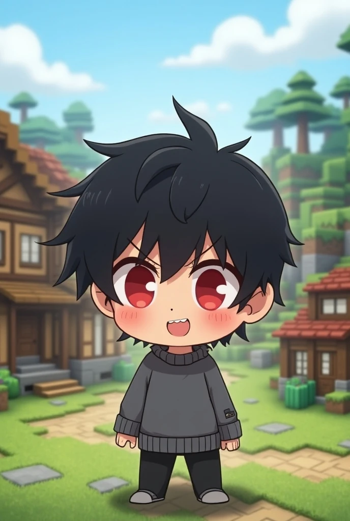 Anime boy chibi version red eyes black hair gray sweater Minecraft ...