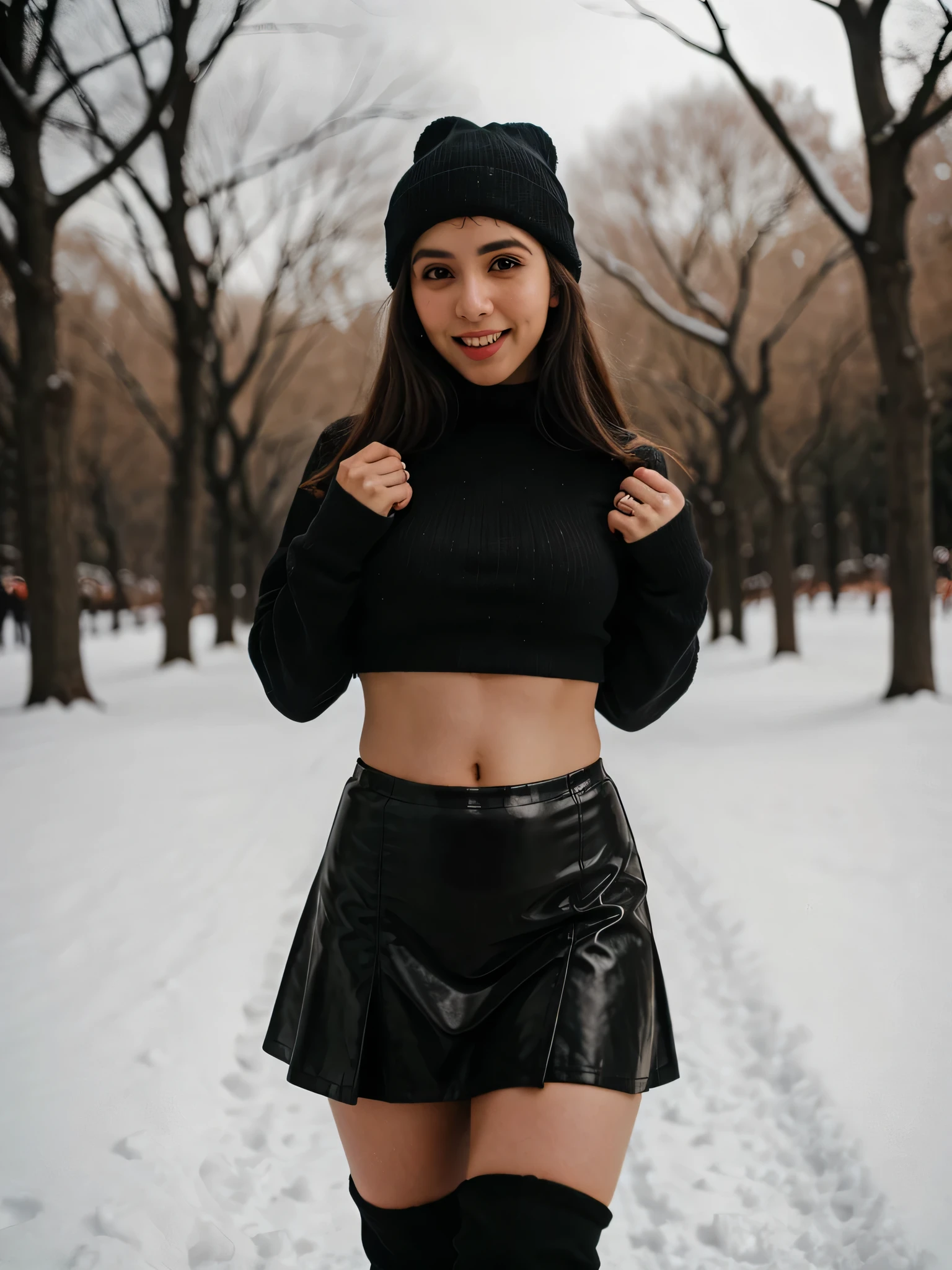 lena paul, RAW photo, award winning portrait of 20yo Tamil girl, dusky complexion, beautiful, big smile, black eyes, standing in a distance, near a snowman, winter, snow in the street, open winter coat, hat, black crop tops, black knee length skirt, knee high boots, long black hair, (((round deep navel))), eyes symmetry, face symmetry, perfect 5 fingers, outside, central park at night, (high detailed skin:1.2), K HDR, DSLR, soft lighting, high quality, film grain, Fujifilm XT3