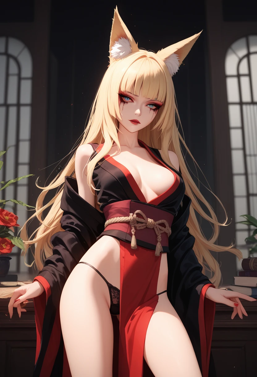  long hair, makeup, mascara , rpg, mucus,  Smooth leather ,   erotic pose, cut out,    High School of the Dead   , 4K,  , topic, blonde hair ,  candid outfit ,  tied girl, tied mouth , fox ears,  red revealing kimono, underwear,  Geisha, girl seduces guy, Girl and boy, in the room