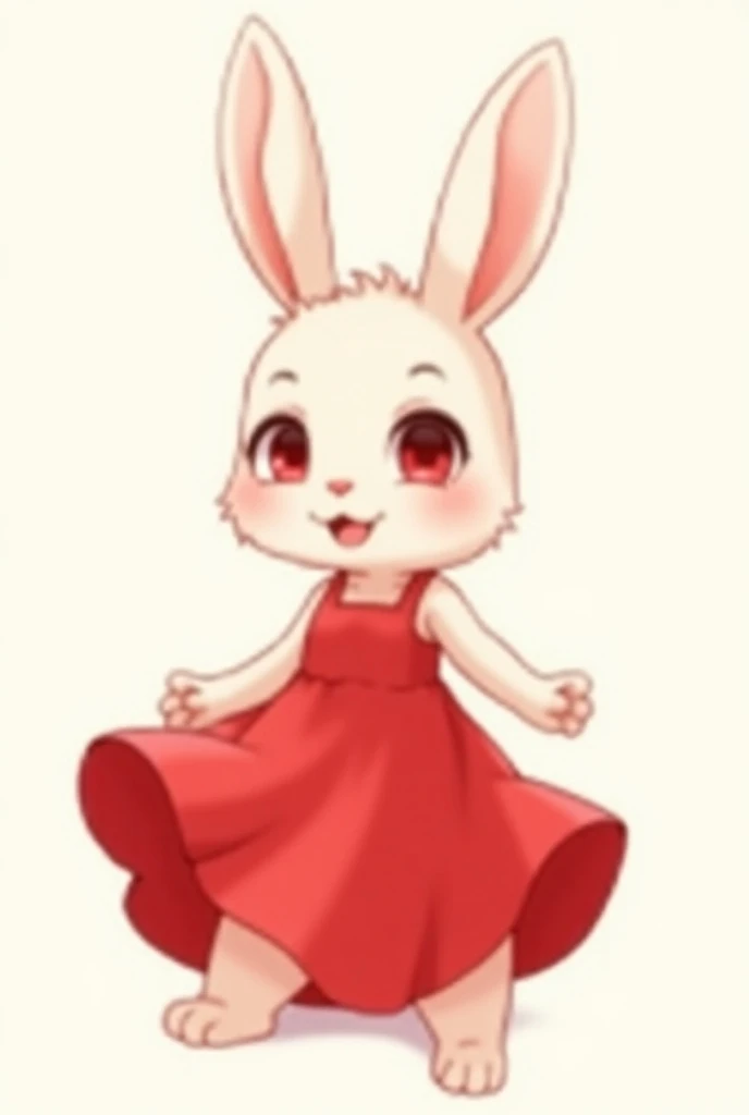 An anthropomorphic rabbit girl is wearing a red dress and smiling. The cute girl has an anime-style illustration, red eyes, bunny ears, and a hairy face.