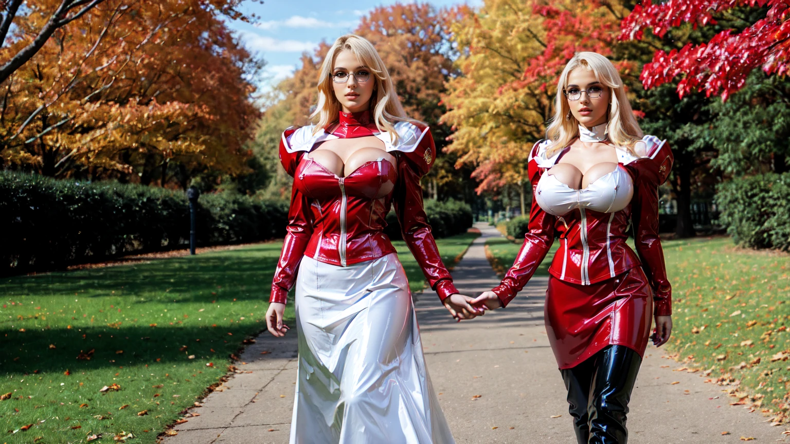 satella,, long blond hair, blue eyes, glasses, red latex dress, big breast,white latex Shoulder pads, red white Latex skirt, red latex sleeves, black leahter long boots,stand in a park