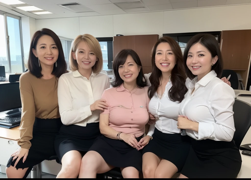 ((Best Quality, 8k, Masterpiecedetails, ultra-high resolution)), (group picture), (looking at the viewer), (fmiddle shot:), attractive business 5 milfs, 5 people, a bit chubby:0.25, white collared shirt, grey skirt, (sitting with cross legs on office desks)), smile, office of CEO,