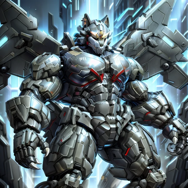 (freddy wolf, 8K), (freddy wolf's giant robot, Powered exoskeleton with the same design as freddy wolf), (Masterpiece, highres) (Detailed head, Detailed Body, Detailed abs, full body) (gigantic muscles, Gigachad Muscular, big muscle, pecs, triceps, traps, unusually developed muscular body, body full of huge muscles. showing off muscles, pectorales enormes, Exaggeratedly huge muscles.) (nj5furry, The claws are sharp, Sharp teeth, sharp claws), (long legs), (Spread wings, It has wings, have big wings, golden wings),  (It has wings, whole body shines like metal, Wearing cyberpunk mecha, emphasizes the muscles, suit fully made of metal, intricate armor, Robotic suit, suit fully made of metal, cyborg), menacing pose, The whole body is golden. no face. BULK UP. The whole body is golden. wearing a full-face helmet. no blue. no red. A pose that shows off your muscles. no face.  The face is hidden inside the helmet and cannot be seen.